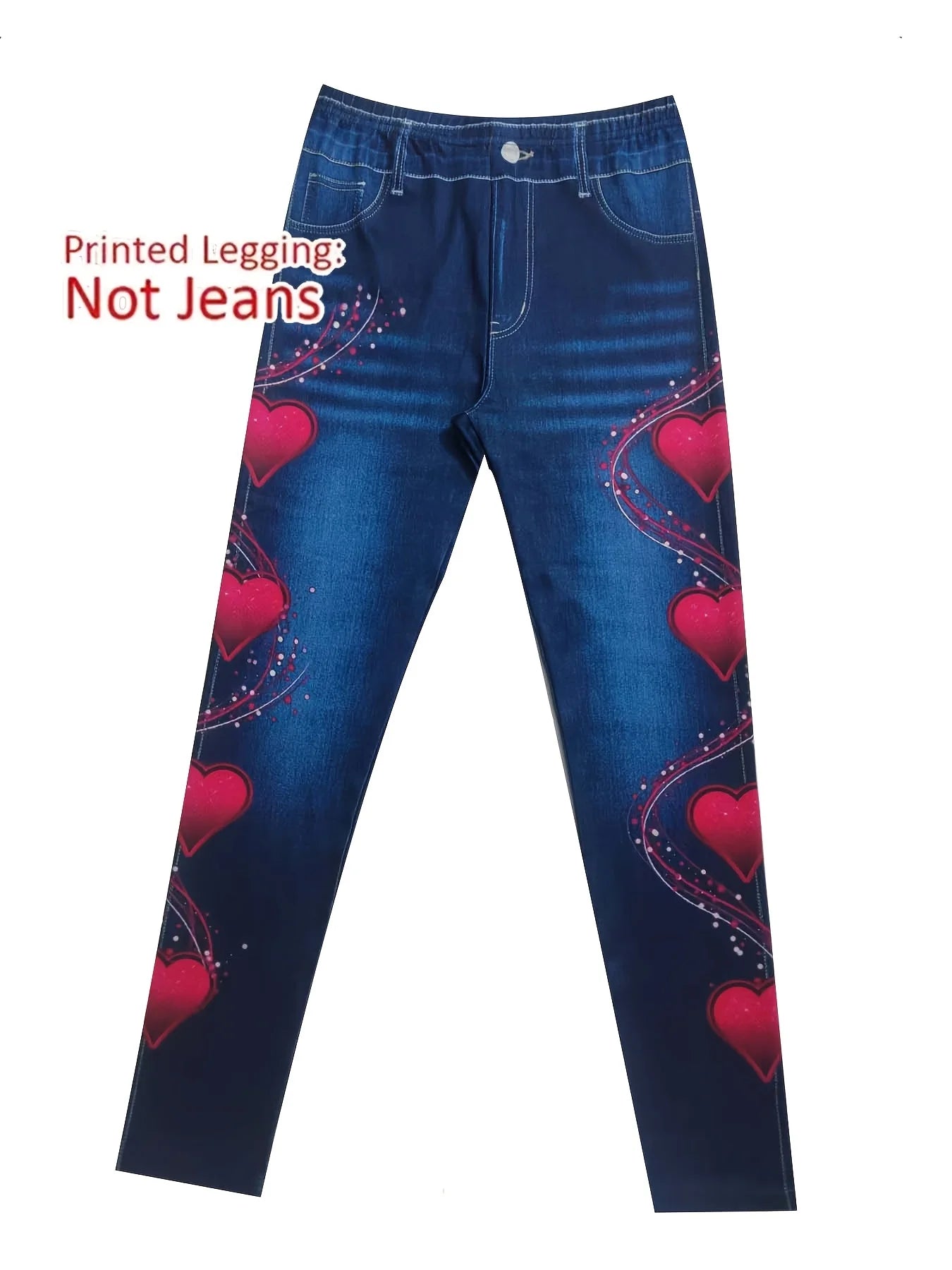 Women High Waist Faux Denim Leggings, Heart Print Skinny Pencil Pants, Stretch Non-Denim Slim Casual Streetwear Trousers
