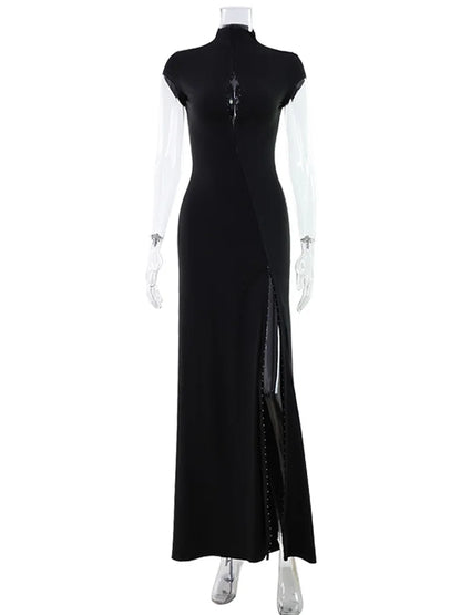 CNYISHE Short Sleeve O Neck Women Dresses Split Metal Buckle Solid Sheath Sexy Club Fashion Evening Party Outfits Female Bodycon