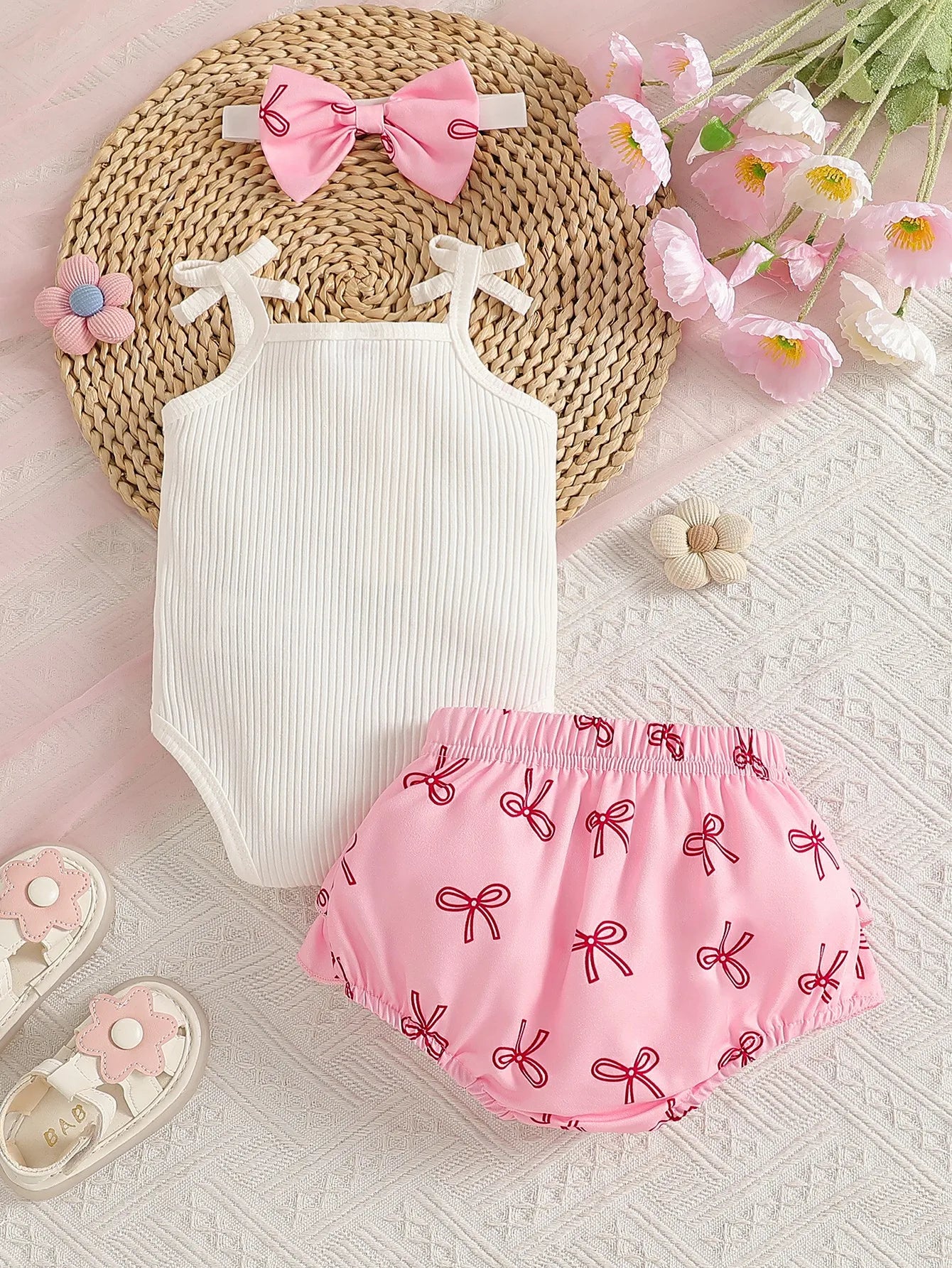 Baby Girl Summer Cute Bow Decoration Camisole Printed Bow Ribbed White