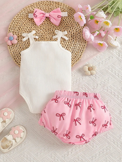 Baby Girl Summer Cute Bow Decoration Camisole Printed Bow Ribbed White