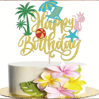 1Pc Hawaiian Beach Cake Topper Palm Tree Hibiscus Surfboard Happy Birthday Letter for Summer Pool Birthday Party Decor