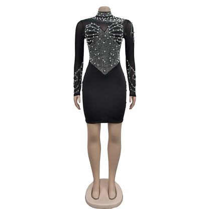 CM.YAYA Women Long Sleeve Mesh Diamonds Hot Rhinestones Mini Dress 2024 Summer Evenning Sexy Party Night Club Dresses Vestidos