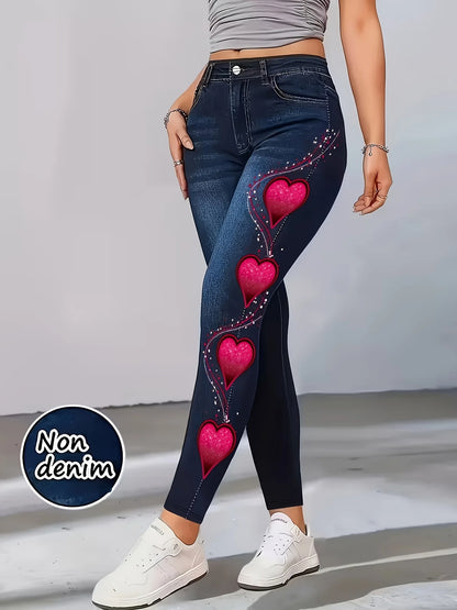 Women High Waist Faux Denim Leggings, Heart Print Skinny Pencil Pants, Stretch Non-Denim Slim Casual Streetwear Trousers