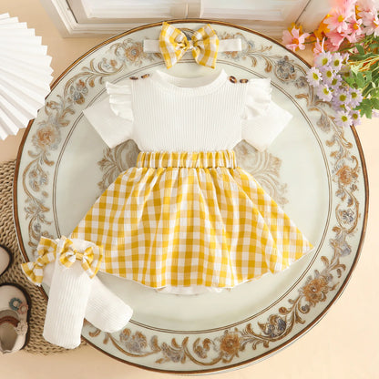 Baby Girl Bodysuit Dresses Short Sleeve Heart Shape Bow Romper Infants Onesies With Socks Headband 3pcs Sets For Newborn Girls