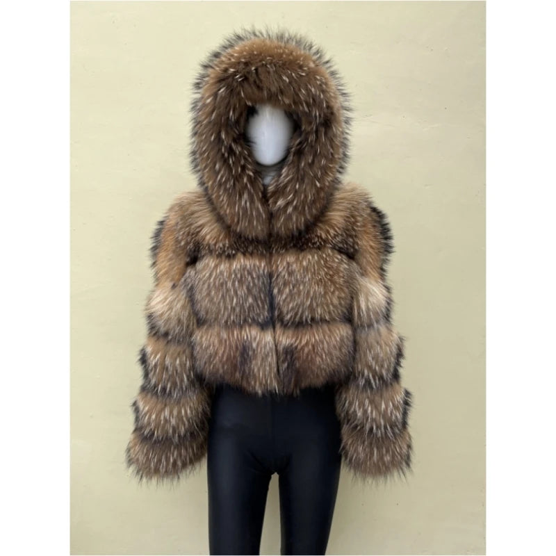 BEIZIRU Women's Short Real Raccoon Fur Coat Winter Long Sleeve Hooded Natural Luxury Thick Jacket for Fashionable Cold Weather