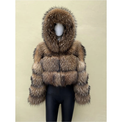 BEIZIRU Women's Short Real Raccoon Fur Coat Winter Long Sleeve Hooded Natural Luxury Thick Jacket for Fashionable Cold Weather