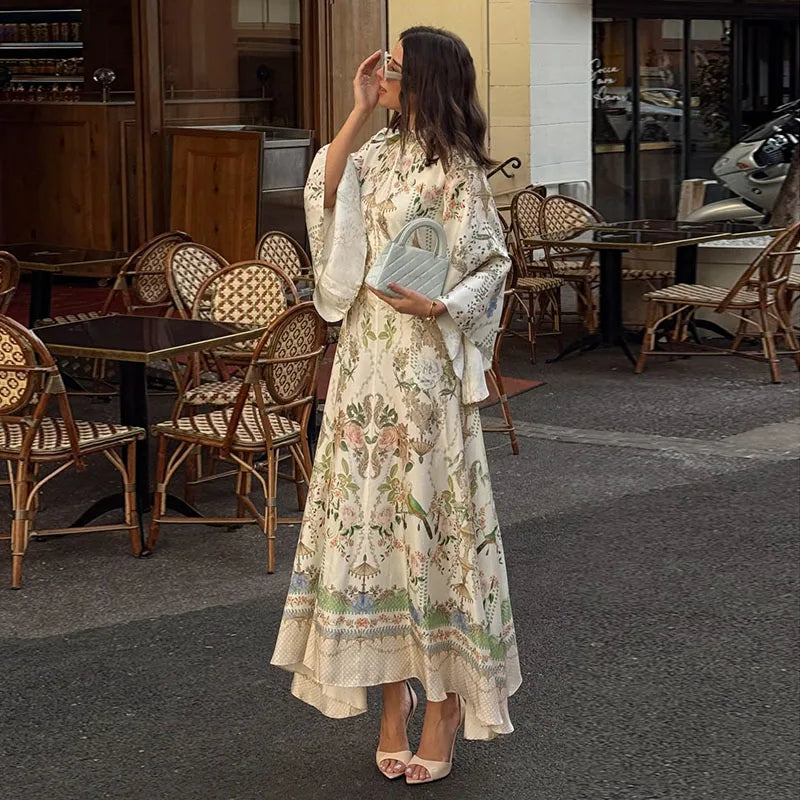 Floral Print Halter Neck Corset Waist Maxi Dress Sleeveless Flared Hem A Line Dresses 2026 Fashion Elegant Vacation Party Gown