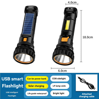 High Power LED Flashlight With Side Light Solar Powered Hand Lantern USB Rechargeable Strong Torch For Outdoor Camping Fishing