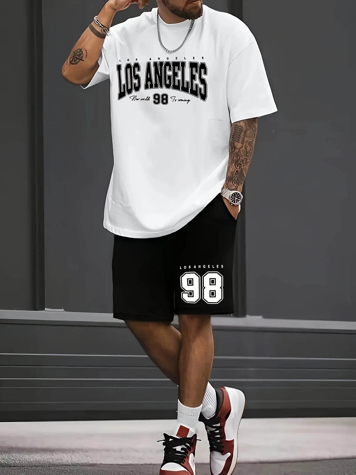Summer Men's Chicago-Themed Relaxed Set Size 32 Printed T-Shirt and Shorts Set Adult Sports Casual Plus Size Two-Piece Set