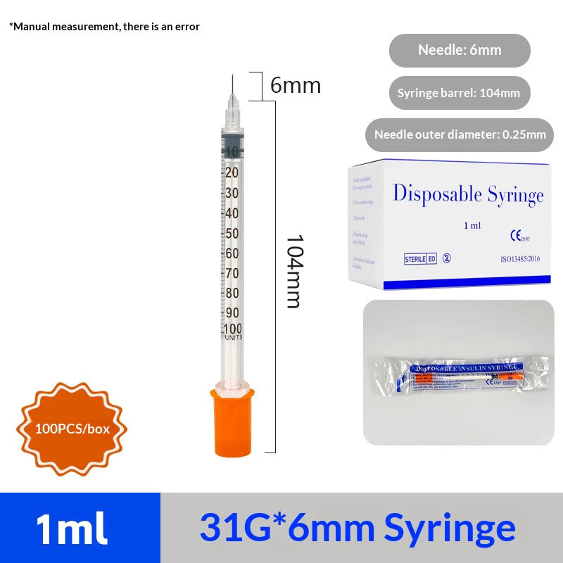 100Pcs 1ml Sterile Insulin Syringe, Individually Wrapped Plastic Syringe for Pet Veterinary Lab Industrial Dispensing