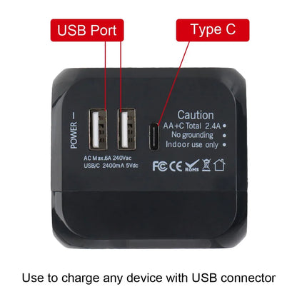 All-in-One Wall Travel Charger Adapter - US EU UK AU Plugs with 2 USB & 1 Type C, Universal for Travel