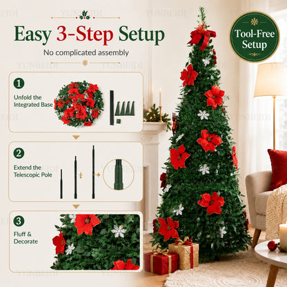 Foldable Integrated Artificial Christmas Tree with Ornaments LED Lights Exquisite 180CM Christmas Tree Home Christmas Decoration