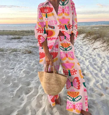 Summer Casual Shirts Two Piece Outfits 2 Pieces Set For Woman New In Matching Sets Blouse For Woman Temperament Vacation Printed
