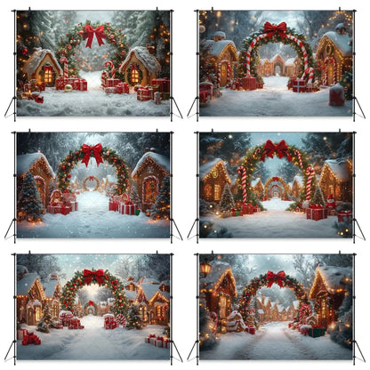 Christmas Gingerbread House Candy Vine Arch Theme Banner Background, Birthday Party, Home Decoration Photography Backdrop Cloth