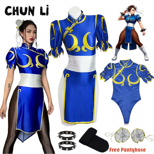Women's Street Fighter Chun Li Cosplay Costume Game Fighter Chunli Blue Cheongsam with Headdress and Waistband Halloween Costume