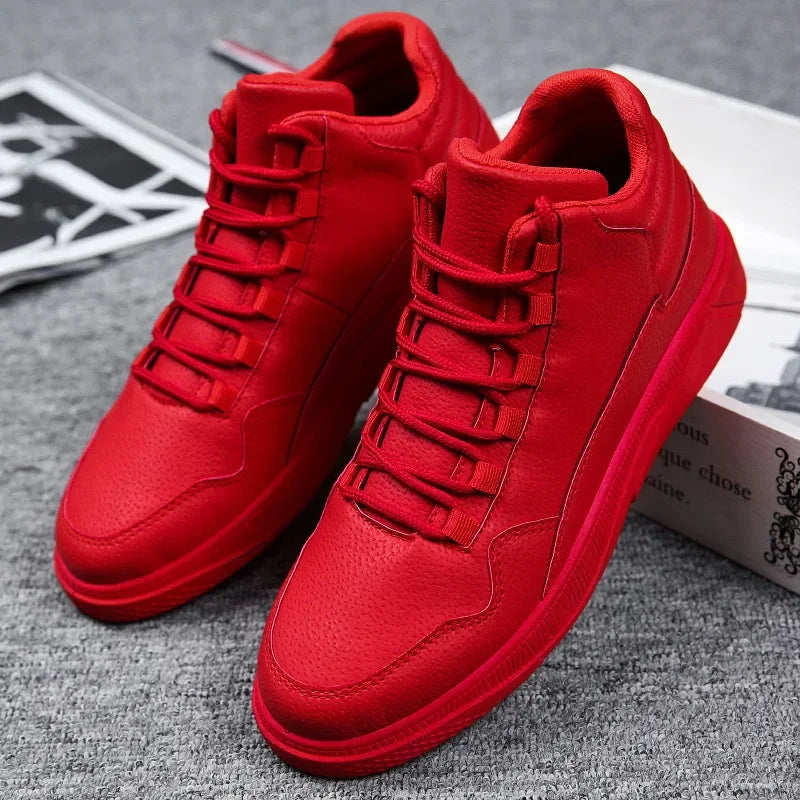 Keep Warm Men's Red High-Top Leather Skate Shoes Flat Lace-Up Sneakers Versatile Casual Streetwear Non-Slip Grip Sole Footwear