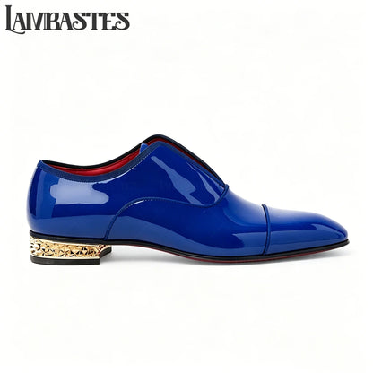 Gold Geometric Heel Patent Leather Mens Loafers Polished Glossy Upper Red Lining Formal Dress Shoes Embossed Gold Heel Loafers