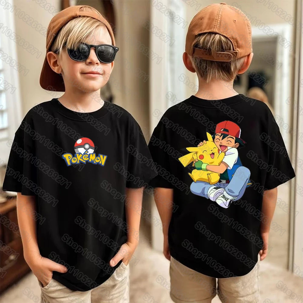 Pokemons Pikachu Cartoon Kids Printed T-Shirts Boys Girls Casual Short Sleeves Tops Children's Harajuku Fashion Tee Clothing