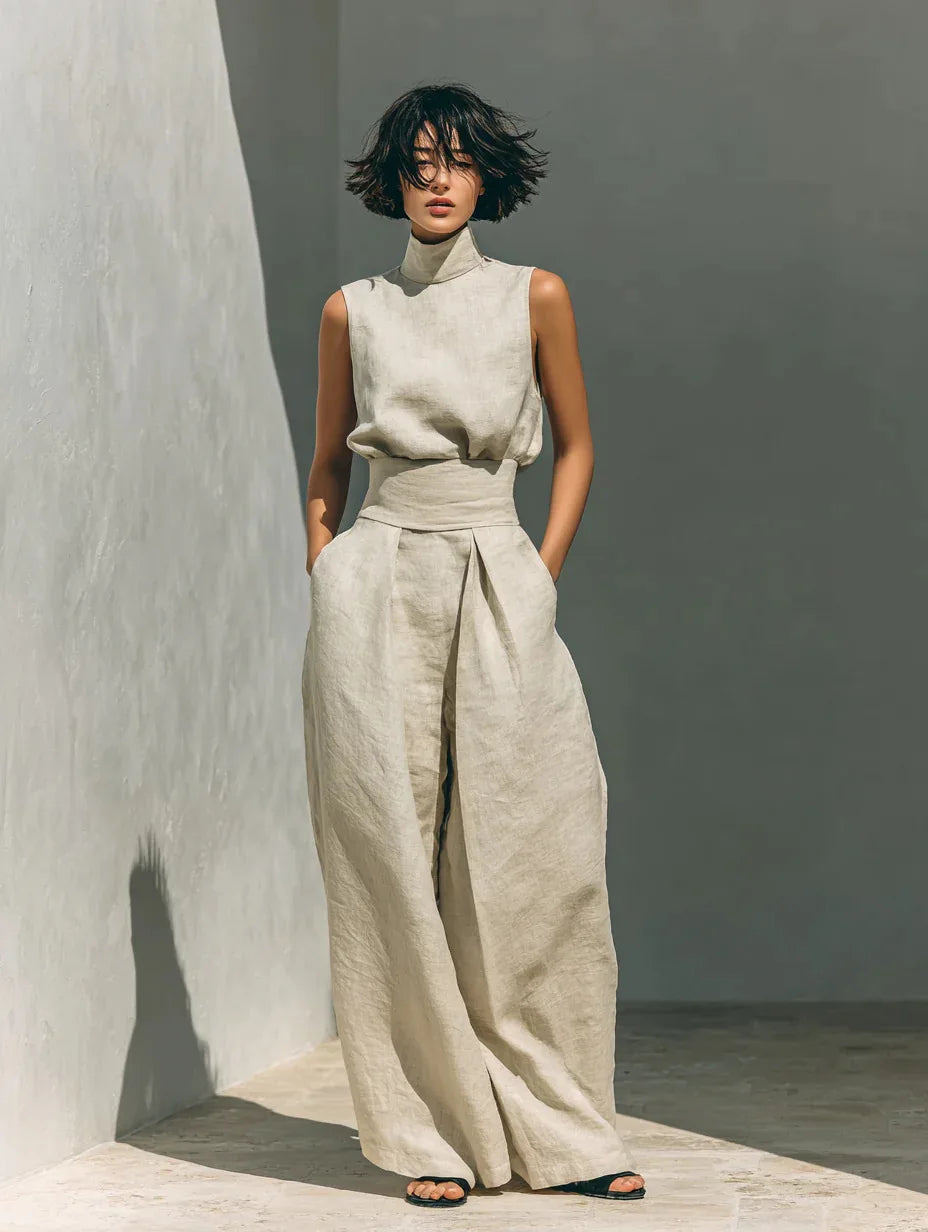 Women's Elegant Commuting Two-piece 2026 Fashionable High Neck Sleeveless Top Paired With Casual High Waisted Wide Leg Pants Set