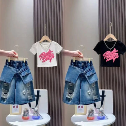 Girls' Set 2026New Mid sized Children's Short sleeved T-shirt Children's Fashionable Girls' Cowboy Five point Shorts 2 piece Set
