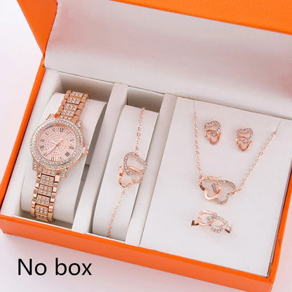 6Pcs/Set Women's Rhinestone Quartz Watch Set Fashion Wrist Watch & Jewelry Set Gift.▪