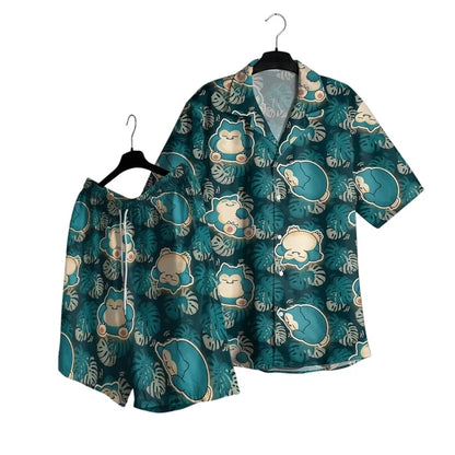 Summer Hot Selling Snorlax Men's Hawaiian Shirt Shorts Set Women Home Casual Loose Fitting Anime Pajamas T-shirt Shorts Set Gift