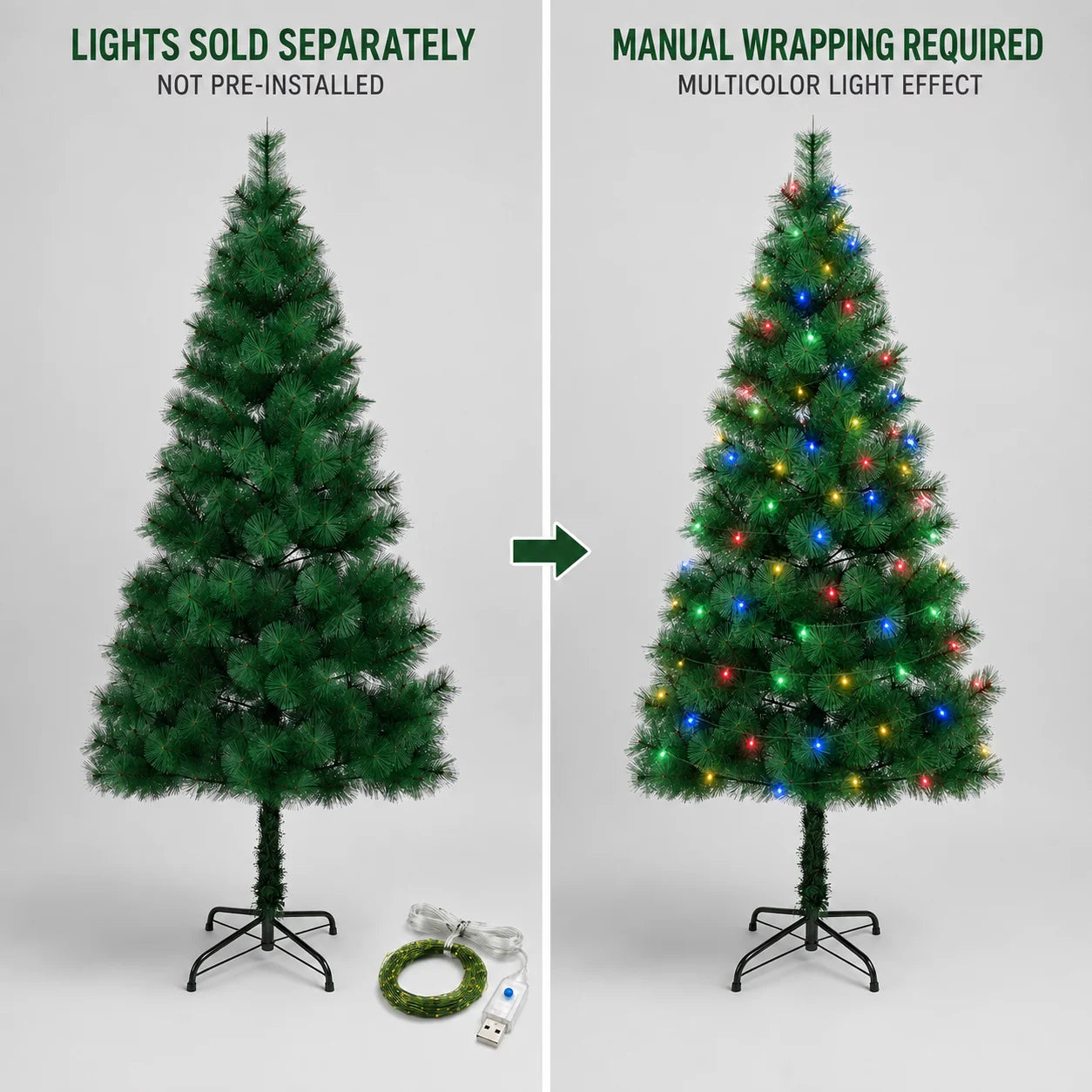Artificial Christmas Tree 120-210cm PET Pine Needle Xmas Tree Optional USB Warm White Cool White Multicolor Lights Metal Stand