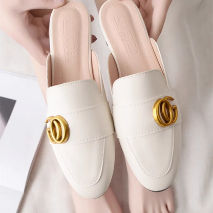 Lady Gold Metal Slides Round Toe Microfiber Soft Bottom For Tender Feet Wide Fits Beige Pink Fashionable Shoes For Summer 44-33