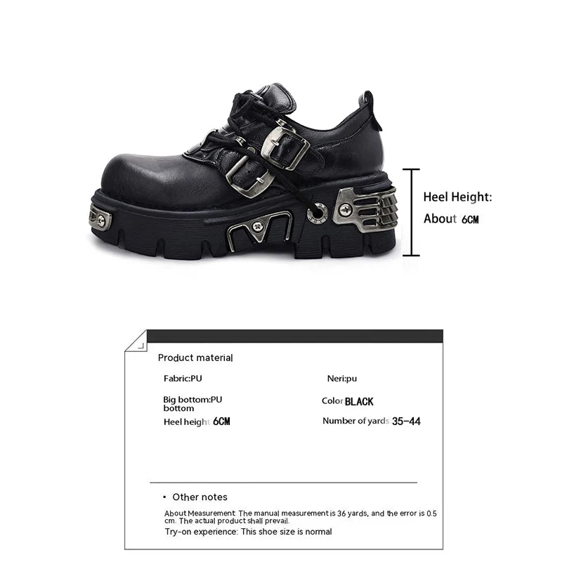 Platform Metal Punk Flats Cross Tied Buckle Single Shoes Zip Round Toe Gothic Runway Casual Women Shoes Goth Black Chunky