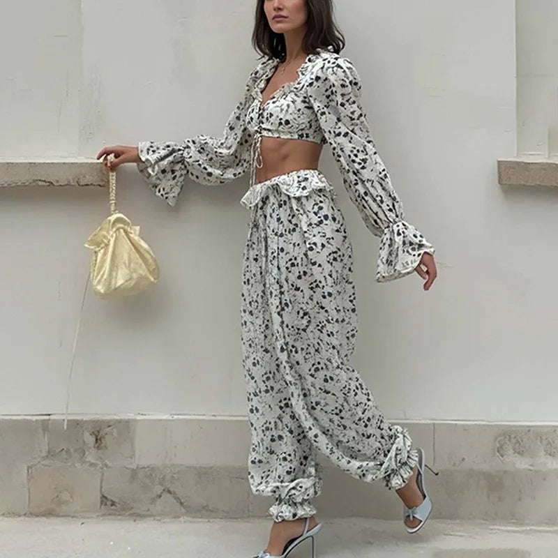 Fashion Long-sleeved Sexy Waist-baring Trousers 2-piece Set Women's Summer New Casual Simple Printed Shirt Trousers Suit Female