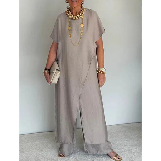 Loose Irregular 2 Piece Set for Women Short Sleeve Round Neck Long Top + Wide Leg Pants Casual Outdoor Commuting Versatile Suit