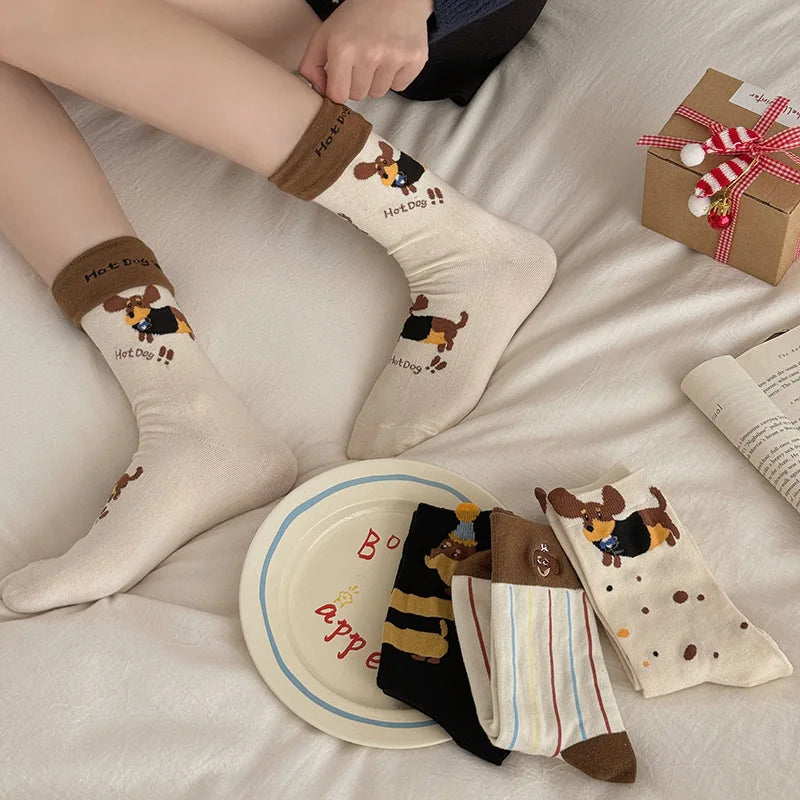 4 Pairs Women's Cartoon Dog Socks Korean Foldable Two-Wear Sweatproof Cotton Oxford Mid-Calf Socks for Fall and Spring