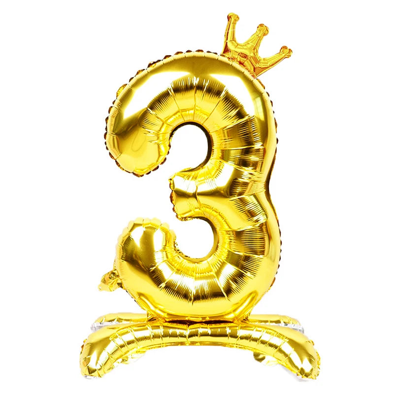 32 Inch Gold Number Stand Foil Balloons with Crown Digital Figures Globos 0-9 Birthday Party Wedding Decoration Kids Baby Shower