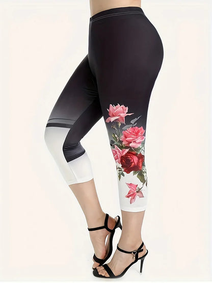 Plus Size Large Casual Set, Summer New Contrasting Rose Flower Print Oversized Round Neck T-Shirt Pants, Slim Fit Two-Piece Set