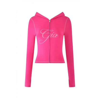 GIA Front Shoulder Slim Fit Jacket Pants Set with Letter Print Design Hooded Zipper Snake Pattern Short Fit Streetwear
