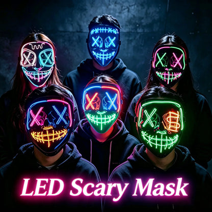 Wireless LED Neon Purge Mask & Fiber Optic Gloves, Scary Glow In Dark Mask for Halloween Carnival Cosplay Bar Birthday Party