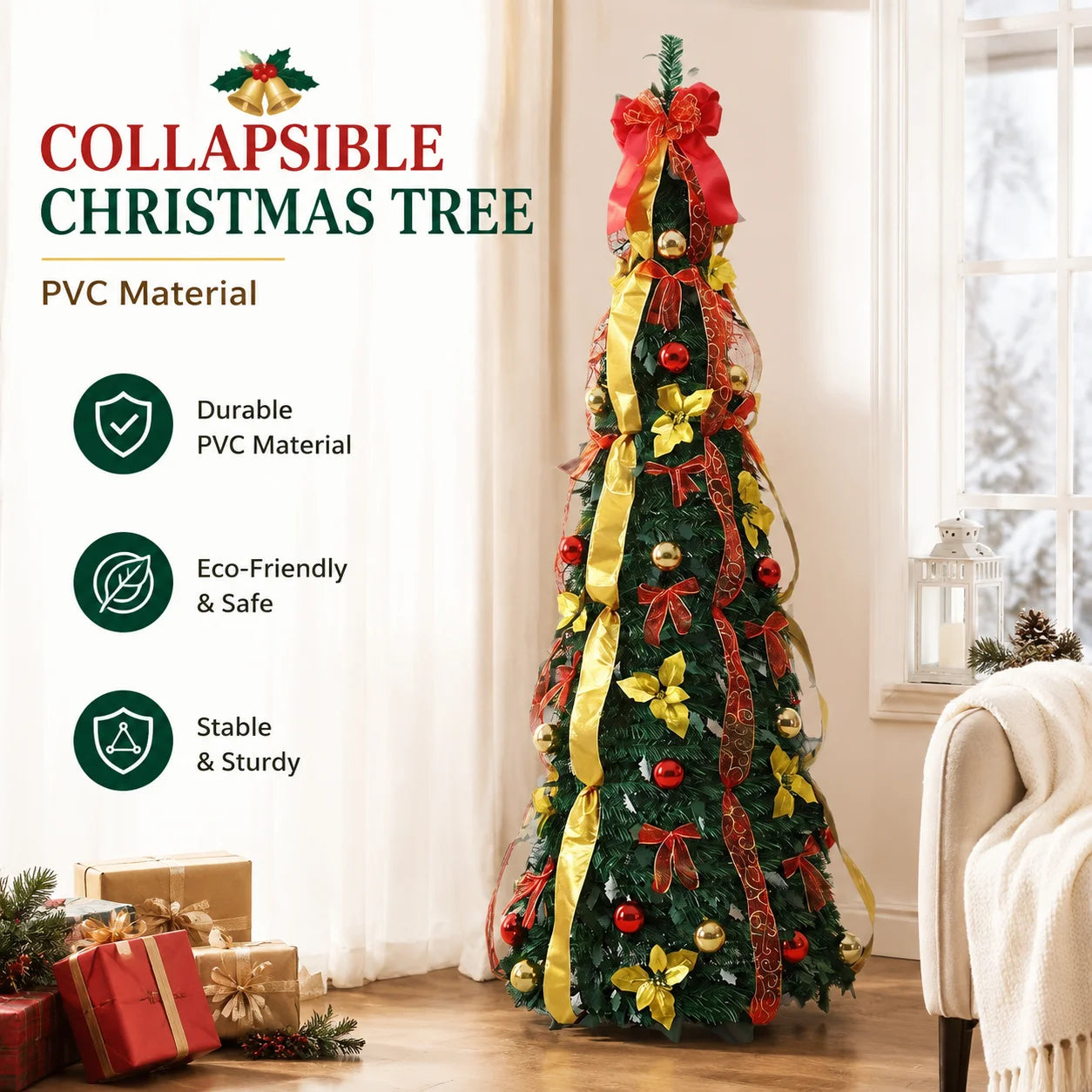 Pre Lit Pre Decorated Christmas Tree Pop Up Christmas Tree and Warm LED Lights & DIY Ornaments,Holiday Party Decorations