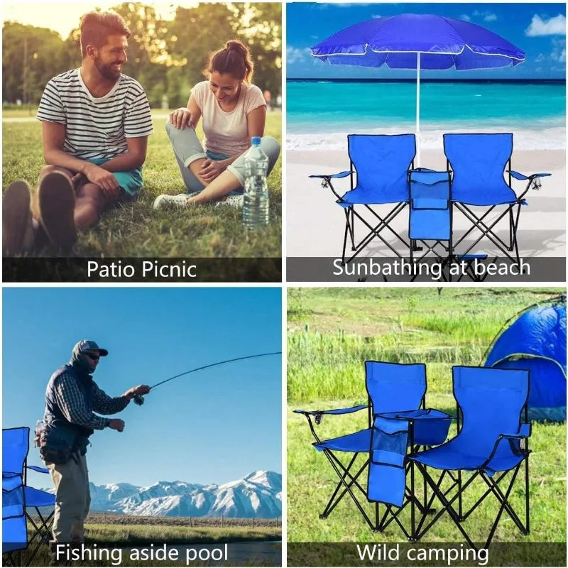 Portable Outdoor 2-Seat Folding Chair With Removable Sun Umbrella Blue