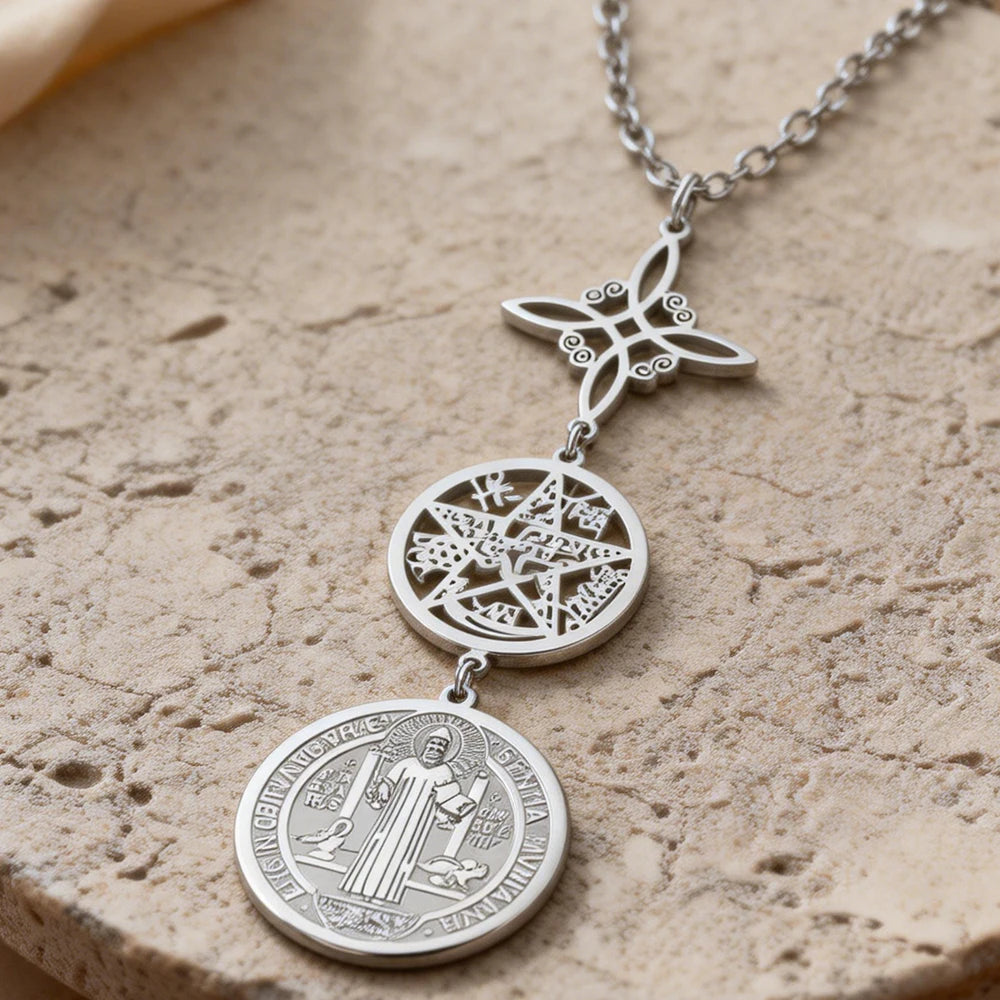 Triple Protection Necklace With Witch Knot Pentagram Tetragrammaton St. Benedict Stainless Steel Spiritual Symbol Amulet Jewerly