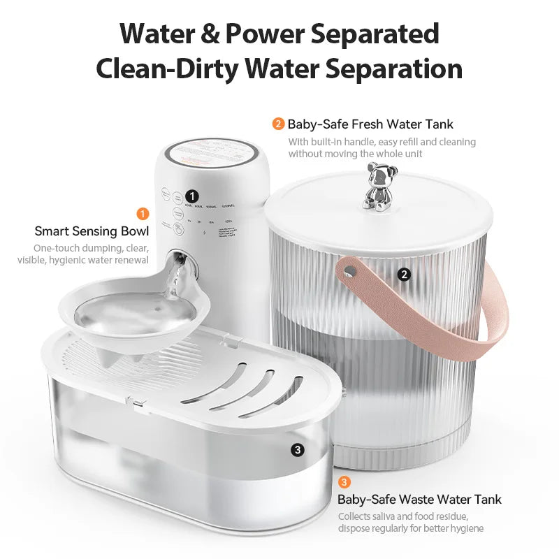 ROJECO Wireless Smart Pet Water Fountain Tilting 3L Cat Water Dispenser 2600mAh No-Filter Design Automatic Cat Fountain Drinker