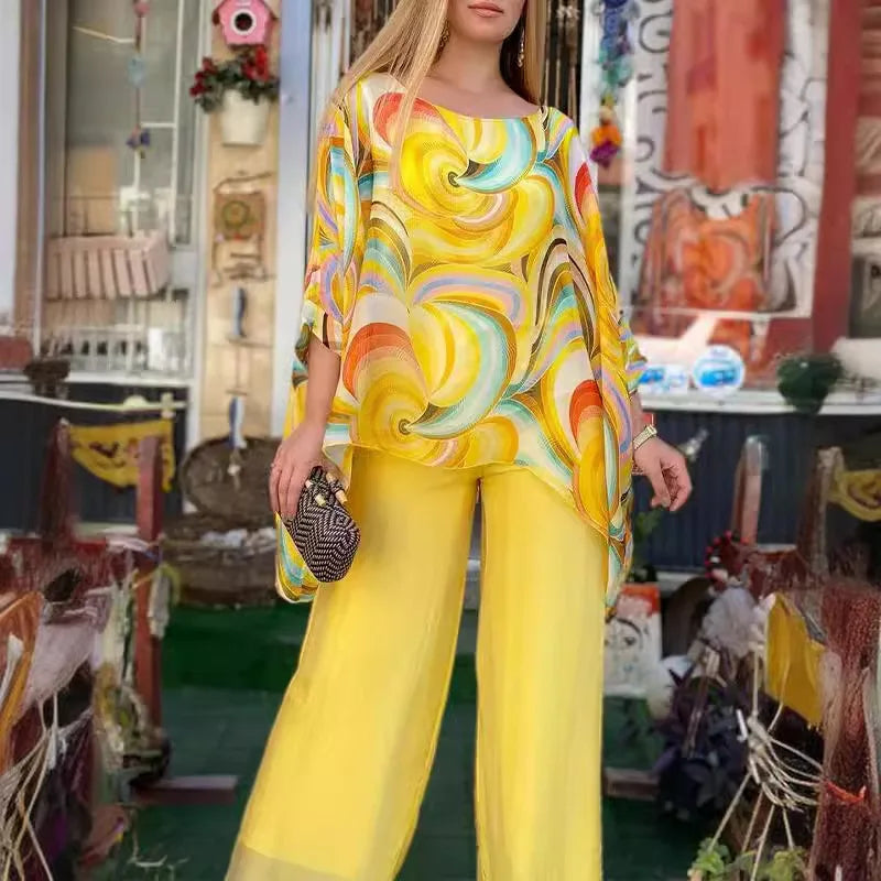 Women Fashion Trousers Two Piece Set For Women 2026 Summer Loose Casual Print Blouse Elegant 2 Piece Sets Woman Tops+Pants Suit