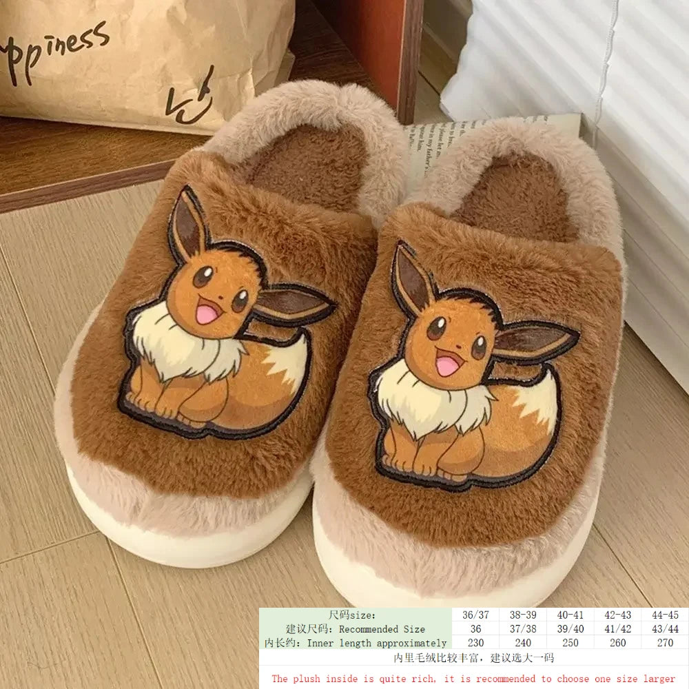 Popular anime Pokemon Pikachu Eevee Couple Cotton Slippers Winter Cute Cartoon Men Women Shoes with Velvet Insulation Anti slip