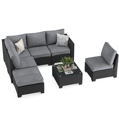 Farini Patio Sectional Sofa Set, Outdoor Furniture with Ottoman, Water/Oil/Stain-Resistant Fabric, Dark Gray Cushion + Gray Wick