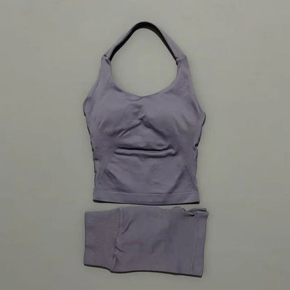 2 Pieces Shorts Yoga Set Women Backless Halter Tops High Waist Seamless Shorts Gym Suit Fitness Sportswear Workout Sets