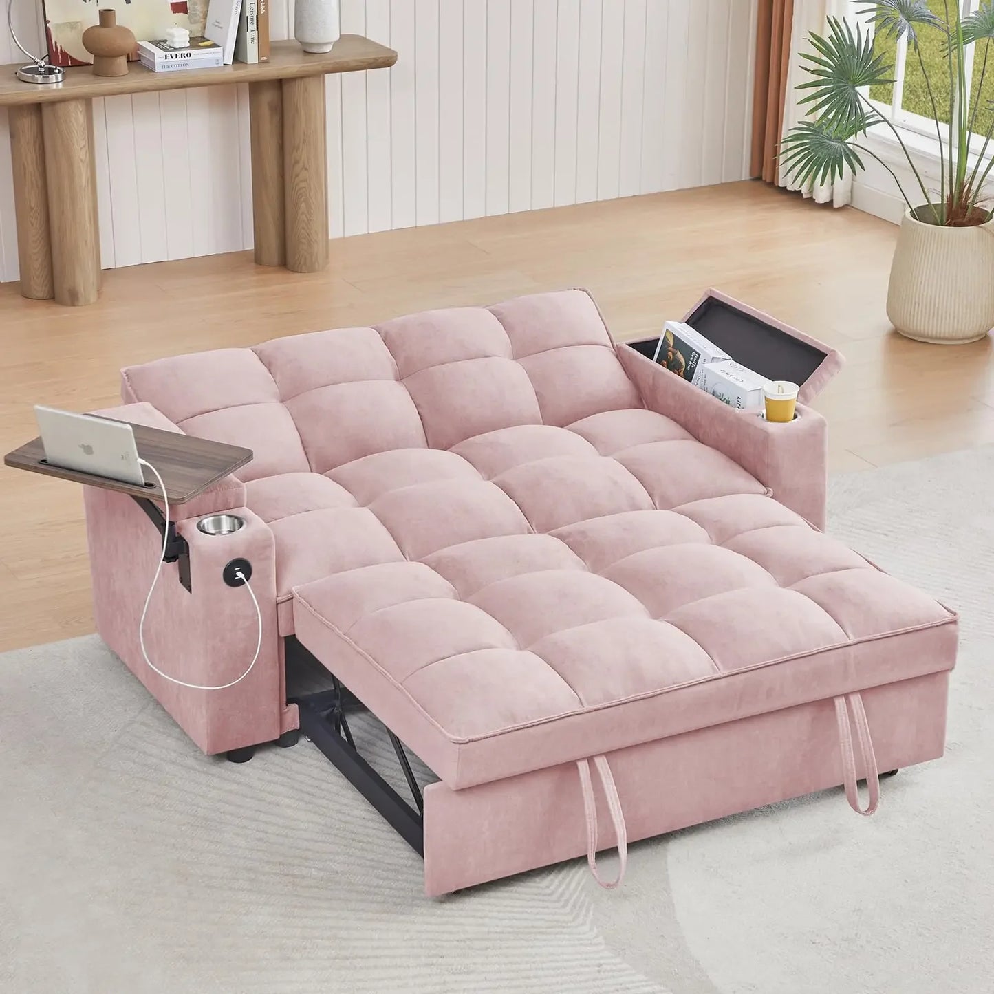 hansones 65'' 3-in-1 Folding Convertible Sofa Bed, Pullout Sofa, Modern Chenille Fabric, 360° Swivel Side Table, Easy Assembly,