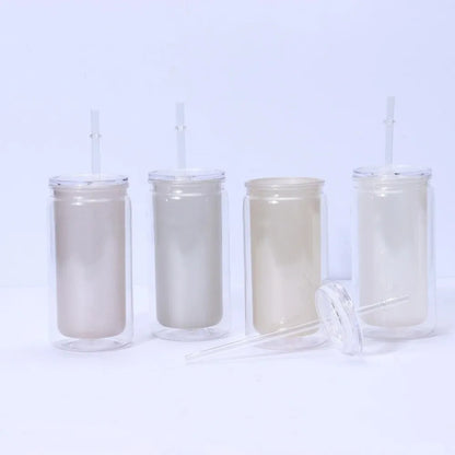 16oz Capacity Glow in The Dark Straw Cup Double Wall Leak-proof Luminous Coffee Cup Fluorescent Splash Proof Water Bottles