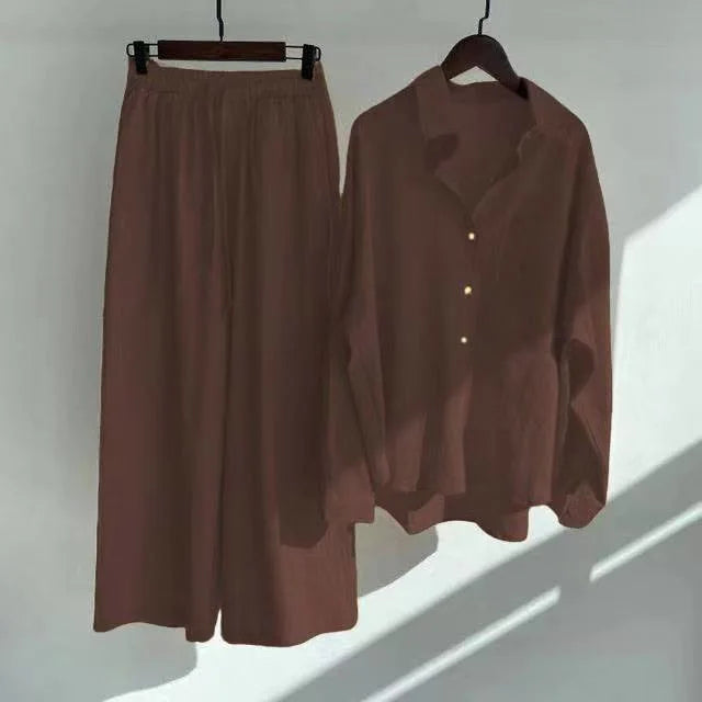 Cotton And Linen Solid Color Pant Sets Women Single-breasted Shirts And Drawstring Loose Wide Legs Trousers Two Piece Set Casual