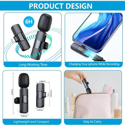 2 Pcs Wireless Lavalier Microphone for iPhone Android iPad, Mini Clip-on Mic with Crystal Clear Sound Quality