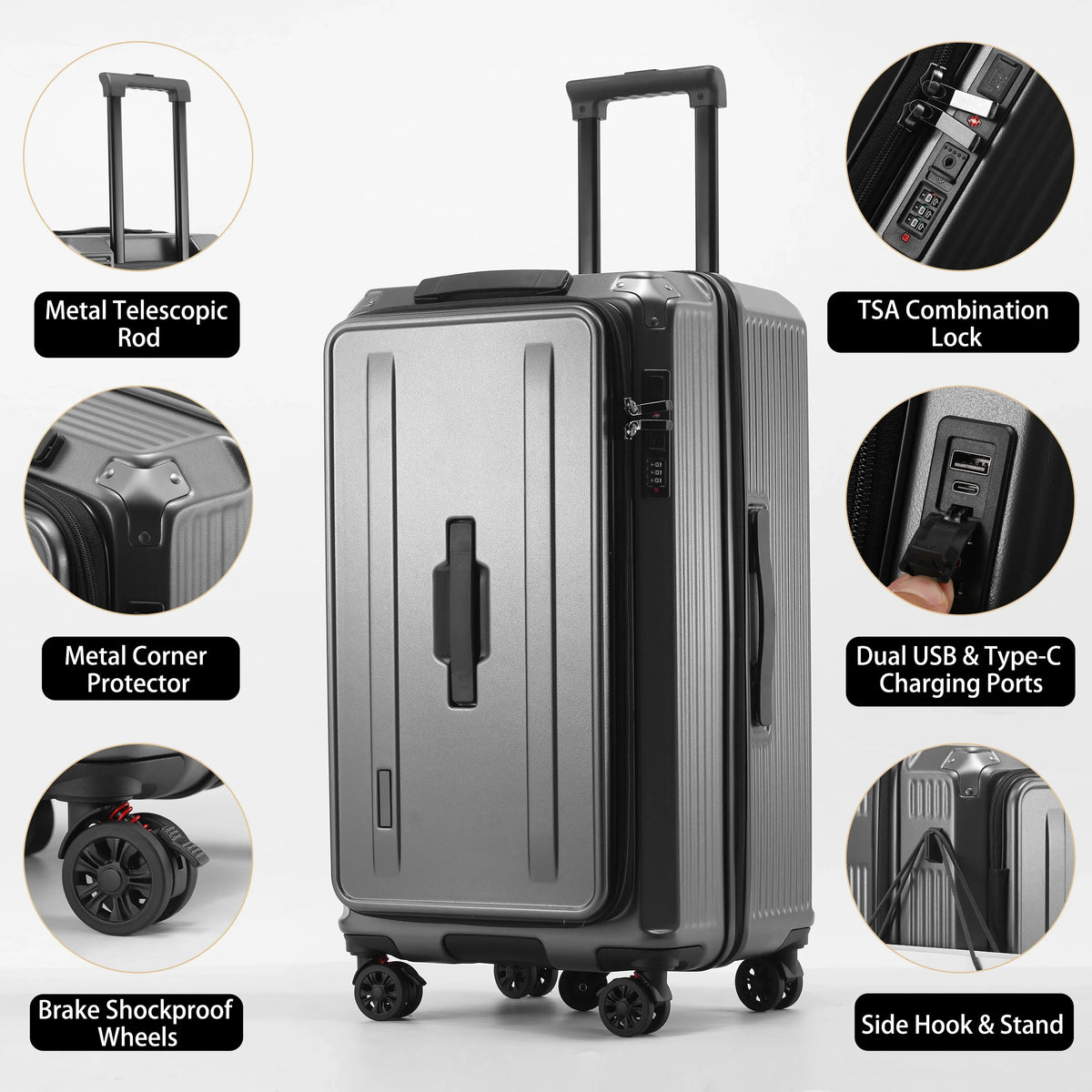 Multi-Functional PC Luggage Expandable Suitcase TSA Lock USB Type-C Port Shockproof Brake Wheel Front Open Carry On Trolley Case