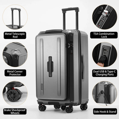 Multi-Functional PC Luggage Expandable Suitcase TSA Lock USB Type-C Port Shockproof Brake Wheel Front Open Carry On Trolley Case